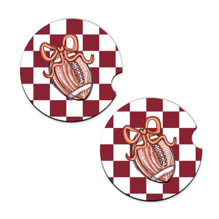 Football Bow Check Car Coaster 2 Pce Set Game Day Auto Accessory Gift #SPACK-CC132-FBBOW - Car Coaster - Women’s