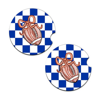 Football Bow Check Car Coaster 2 Pce Set Game Day Auto Accessory Gift #SPACK-CC132-FBBOW - Car Coaster - Women’s