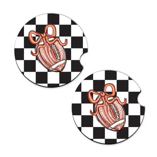 Football Bow Check Car Coaster 2 Pce Set Game Day Auto Accessory Gift #SPACK-CC132-FBBOW - Car Coaster - Women’s
