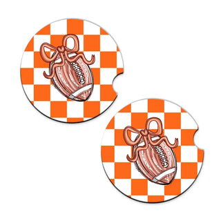 Football Bow Check Car Coaster 2 Pce Set Game Day Auto Accessory Gift #SPACK-CC132-FBBOW - Car Coaster - Women’s