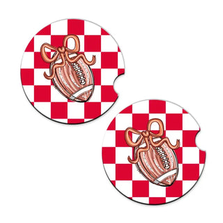 Football Bow Check Car Coaster 2 Pce Set Game Day Auto Accessory Gift #SPACK-CC132-FBBOW - Car Coaster - Women’s