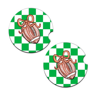 Football Bow Check Car Coaster 2 Pce Set Game Day Auto Accessory Gift #SPACK-CC132-FBBOW - Car Coaster - Women’s