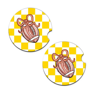 Football Bow Check Car Coaster 2 Pce Set Game Day Auto Accessory Gift #SPACK-CC132-FBBOW - Car Coaster - Women’s