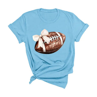 Football Bow T Shirt Cute Game Day Graphic Tee for Football Fans #HPTS-FBBOW - Ocean Blue / Large - Screen Printed