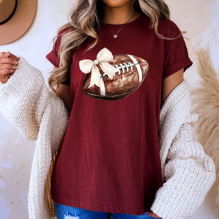 Football Bow T Shirt Cute Game Day Graphic Tee for Football Fans #HPTS-FBBOW - Screen Printed T-Shirt - Women’s
