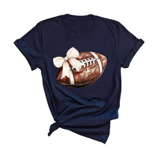 Football Bow T Shirt Cute Game Day Graphic Tee for Football Fans #HPTS-FBBOW - Navy / Large - Screen Printed T-Shirt