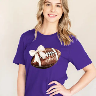 Football Bow T Shirt Cute Game Day Graphic Tee for Football Fans #HPTS-FBBOW - Screen Printed T-Shirt - Women’s