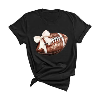 Football Bow T Shirt Cute Game Day Graphic Tee for Football Fans #HPTS-FBBOW - Black / Large - Screen Printed T-Shirt