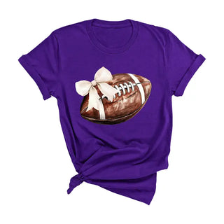Football Bow T Shirt Cute Game Day Graphic Tee for Football Fans #HPTS-FBBOW - Purple / Large - Screen Printed T-Shirt