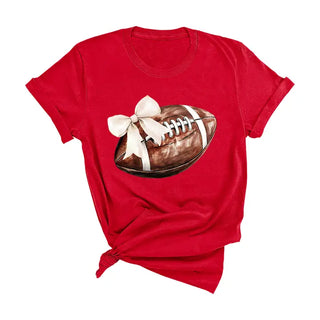 Football Bow T Shirt Cute Game Day Graphic Tee for Football Fans #HPTS-FBBOW - Red / Large - Screen Printed T-Shirt