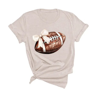 Football Bow T Shirt Cute Game Day Graphic Tee for Football Fans #HPTS-FBBOW - Heather Natural / Large - Screen Printed