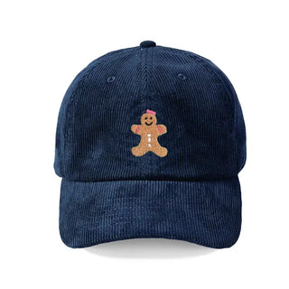 Gingerbread Corduroy Hat Christmas Embroidered Cap for Women #M193VL-CORD-GING - Navy - Baseball Cap - Unisex