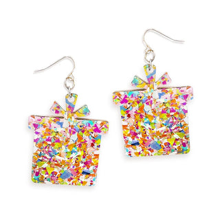 Glitter Present Earrings Christmas Gift Box Holiday Jewelry #ACE-300SV-PRES-MLTGLT - Dangle Earrings