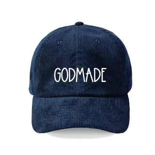God Made Corduroy Hat Faith Embroidered Christian Cap Unisex #M193VL-CORD-GM - Navy - Baseball Cap - Unisex