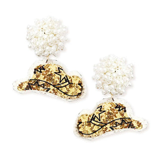 Gold Cowgirl Hat Earrings Glitter Western Country Concert Jewelry #VLJE309-GD - Gold - Dangle Earrings