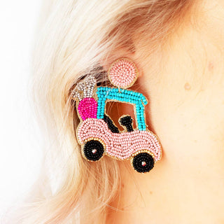 Golf Cart Beaded Earrings Funny Golfer Gift Country Club Jewelry #VLJE5835-PK - Dangle Earrings