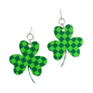 Green Check Acrylic Shamrock Earrings #ACE-300SV-SHAM-GRNCHK - Dangle Earrings