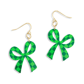 Green Check Bow Earrings #ACE-300GD-BOW-GRNCHK - Dangle Earrings