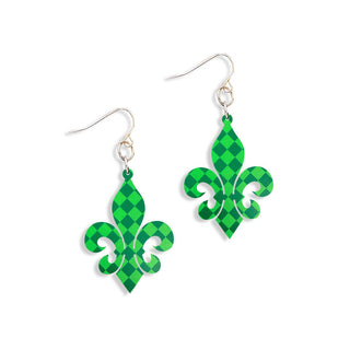 Green Check Fleur de Lis Earrings #ACE-300SV-FLUR-GRNCHK - Dangle Earrings