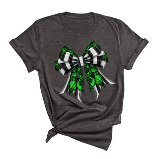 Green Lace Bow T Shirt Coquette St Patricks Day Graphic Tee #HPTS-BEBOW - Large / Heather Dark Gray - T-Shirt (Graphic)