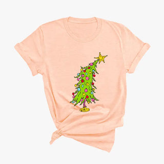 Grinchy Tree T Shirt Funny Christmas Tree Holiday Graphic Tee #HPTS-GTREE - Heather Peach / Large - T-Shirt (Graphic)