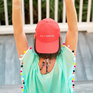 He’s Fishing Embroidered Hat Funny Fishing Baseball Cap for Men and Women #M190VL-CORAL-HEFISH - Baseball Cap - Unisex
