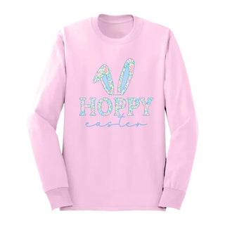 Hoppy Easter Long Sleeve Shirt Cute Bunny Spring Graphic Tee #HPLS-HOP24 - Light Pink / Large - T-Shirt (Graphic)