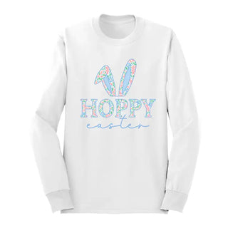 Hoppy Easter Long Sleeve Shirt Cute Bunny Spring Graphic Tee #HPLS-HOP24 - White / Large - T-Shirt (Graphic) - Women’s