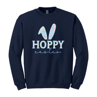 Hoppy Easter Sweatshirt Cute Bunny Spring Holiday Pullover #HPSW-HOP24 - Navy / Small - Graphic Sweatshirt - Women’s
