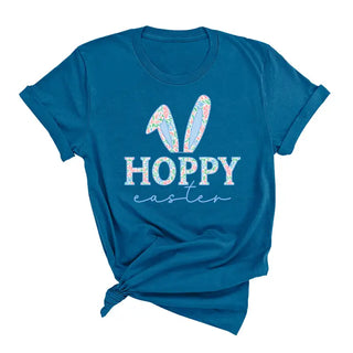 Hoppy Easter T Shirt Cute Bunny Spring Holiday Graphic Tee #HPTS-HOP24 - Deep Teal / Large - T-Shirt (Graphic) - Women’s