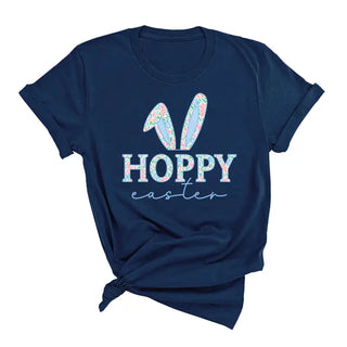 Hoppy Easter T Shirt Cute Bunny Spring Holiday Graphic Tee #HPTS-HOP24 - Navy / Large - T-Shirt (Graphic) - Women’s