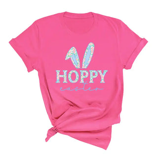 Hoppy Easter T Shirt Cute Bunny Spring Holiday Graphic Tee #HPTS-HOP24 - Hot Pink / Large - T-Shirt (Graphic) - Women’s
