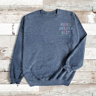 Horses Jockeys Juleps Sweatshirt Derby Day Cozy Pullover #HPSW-HNAVY-HTOHMY - Graphic Sweatshirt - Women’s