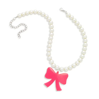 Hot Pink Bow Necklace #ACN-PRL-BOW-HTPK - Pendant/Charm Necklace