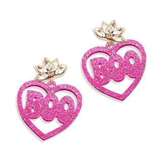 Hot Pink Glitter Heart Halloween Boo Earrings #ACE-489CRY-HRTBOO-PKGLT - Dangle Earrings
