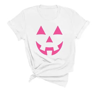 Hot Pink Jack O Lantern T Shirt Cute Halloween Pumpkin Graphic Tee #HPTS-HTPKJACK - White / Large - Screen Printed