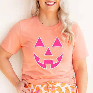 Hot Pink Jack O Lantern T Shirt Cute Halloween Pumpkin Graphic Tee #HPTS-HTPKJACK - Sunset / Large - Screen Printed