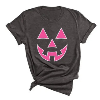 Hot Pink Jack O Lantern T Shirt Cute Halloween Pumpkin Graphic Tee #HPTS-HTPKJACK - Dark Grey / Large - Screen Printed