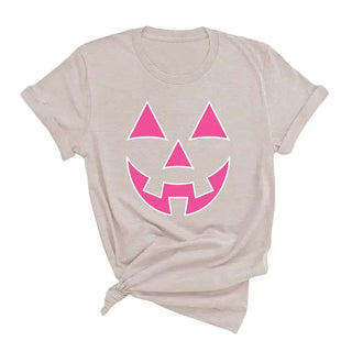 Hot Pink Jack O Lantern T Shirt Cute Halloween Pumpkin Graphic Tee #HPTS-HTPKJACK - Heather Natural / Large - Screen