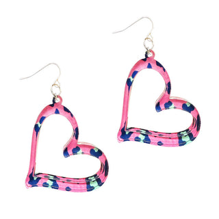 Hot Pink Leopard Acrylic Heart Earrings #ACE-300SV-HEART-HTPKLPRD - Dangle Earrings