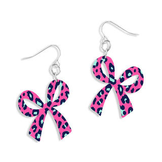 Hot Pink Leopard Bow Earrings #ACE-300SV-BOW-HTPKLPRD - Dangle Earrings