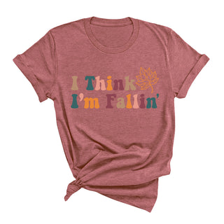 I Think I’m Fallin T Shirt Autumn Pumpkin Season Graphic Tee #FALLIN - Heather Mauve / Large - Screen Printed T-Shirt