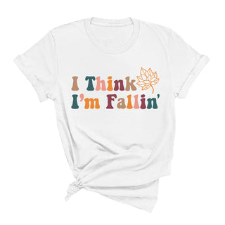I Think I’m Fallin T Shirt Autumn Pumpkin Season Graphic Tee #FALLIN - White / Large - Screen Printed T-Shirt - Women’s