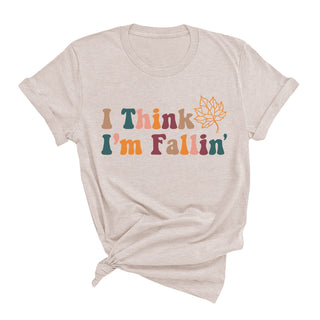 I Think I’m Fallin T Shirt Autumn Pumpkin Season Graphic Tee #FALLIN - Heather Natural / Large - Screen Printed T-Shirt