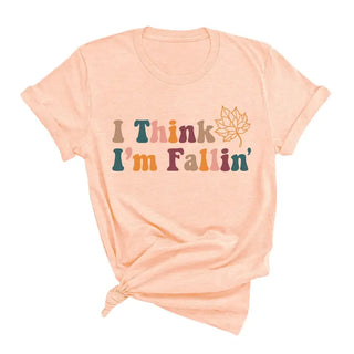 I Think I’m Fallin T Shirt Autumn Pumpkin Season Graphic Tee #FALLIN - Heather Peach / Large - Screen Printed T-Shirt