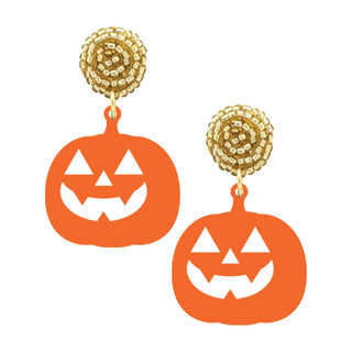 Jack O Lantern Earrings Orange Pumpkin Halloween Statement Jewelry #ACE-490GD-JACK-ORG - Dangle Earrings