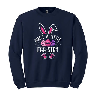 Just a Little Egg-Stra Sweatshirt Funny Easter Cozy Pullover #HPSW-NAVY-EGGSTRA24 - Small - Graphic Sweatshirt - Women’s