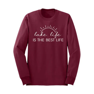 Lake Life Best Life Long Sleeve Shirt Cozy Lake Graphic Tee #HPLS-LKLIFE - Garnet / Large - Screen Printed T-Shirt