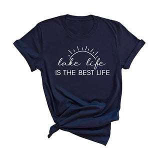 Lake Life Best Life T Shirt Lake Lover Summer Vacation Graphic Tee #HPTS-LKLIFE - Navy / Small - Screen Printed T-Shirt