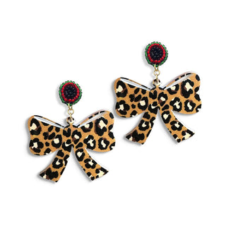 Leopard Bow Earrings Beaded Animal Print Preppy Statement Jewelry #ACE-0341-BOW-LPRD23 - Dangle Earrings